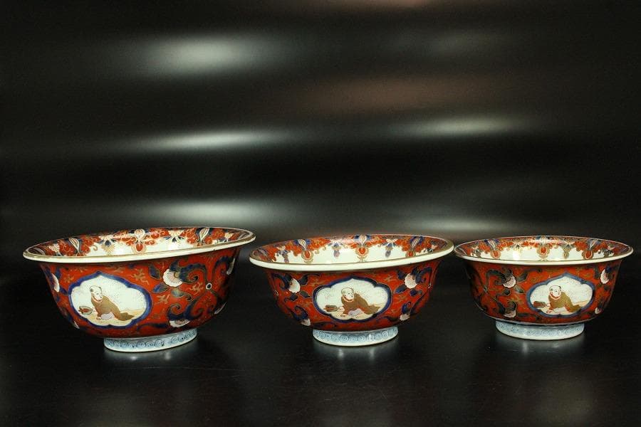 古伊万里 金蘭 模様 三重 鉢 碗 三件(K-XA727)