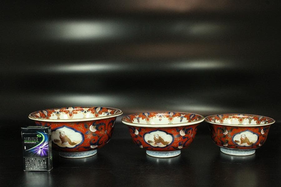 古伊万里 金蘭 模様 三重 鉢 碗 三件(K-XA727)