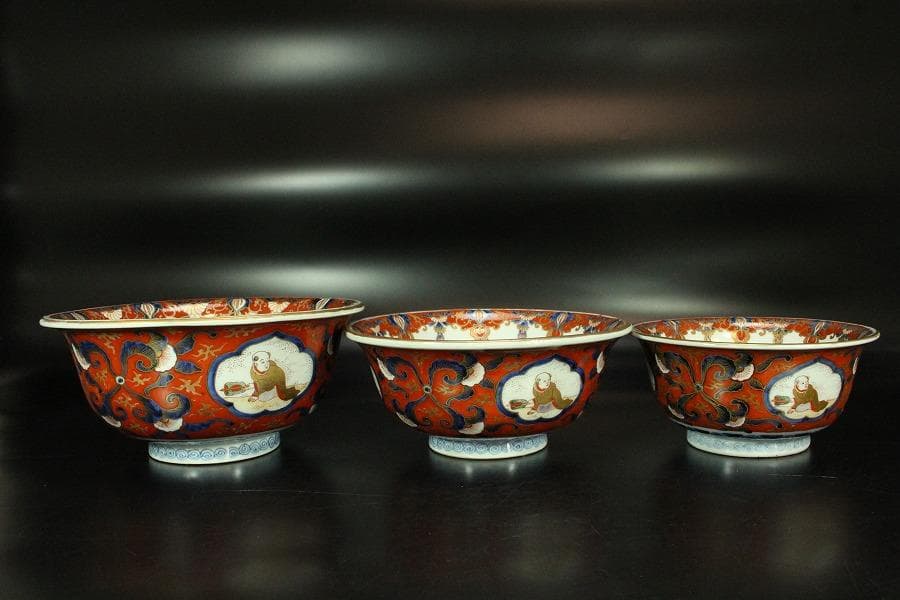 古伊万里 金蘭 模様 三重 鉢 碗 三件(K-XA727)