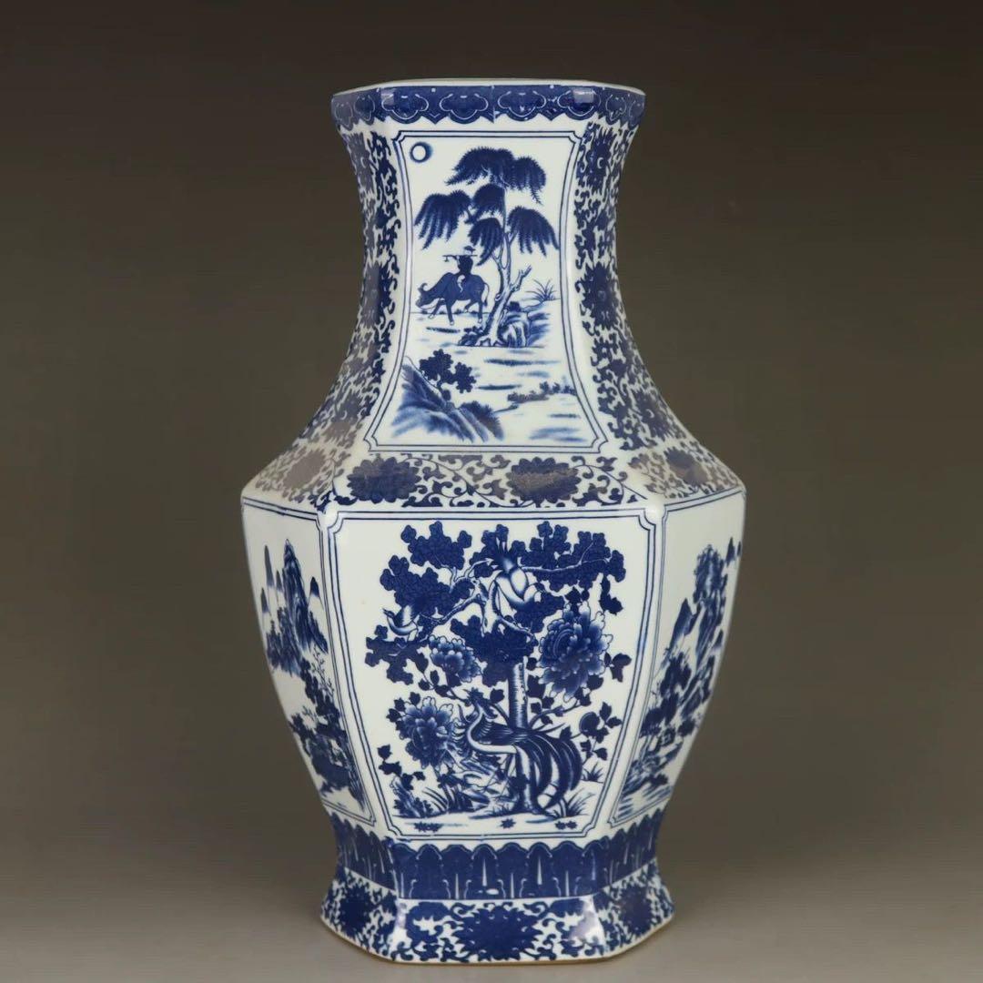 清乾隆青花人物花鳥六方賞瓶 景徳鎮 陶磁器 装飾品 現代工芸