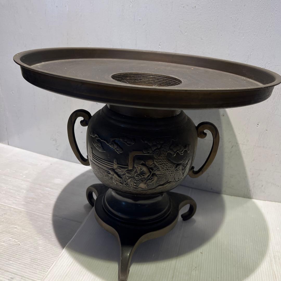 華道具 池坊 薄端 銅製花器 花入 生け花 三足 唐金製 山水