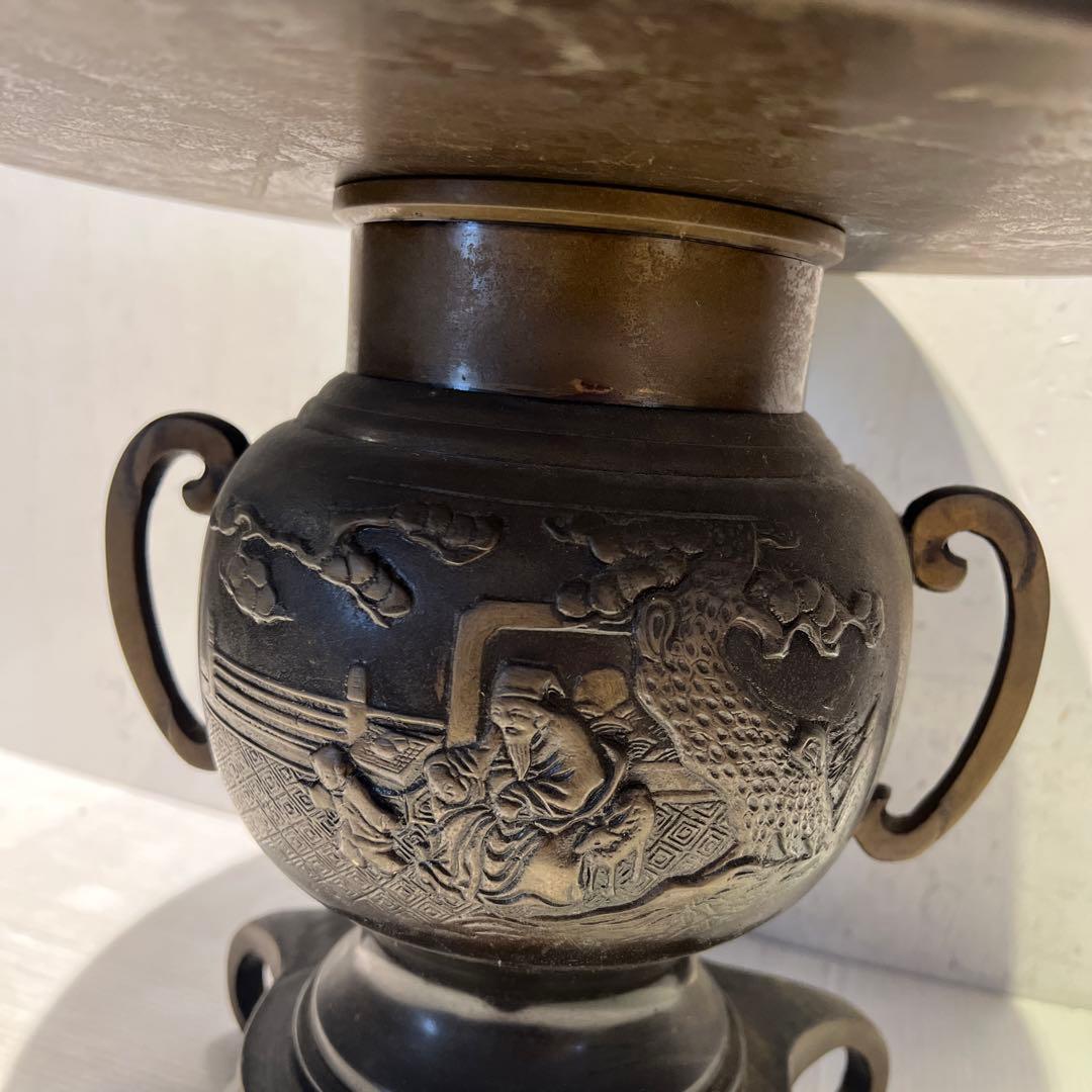 華道具 池坊 薄端 銅製花器 花入 生け花 三足 唐金製 山水