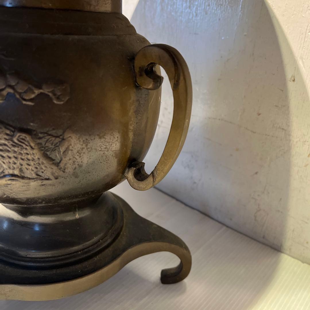 華道具 池坊 薄端 銅製花器 花入 生け花 三足 唐金製 山水