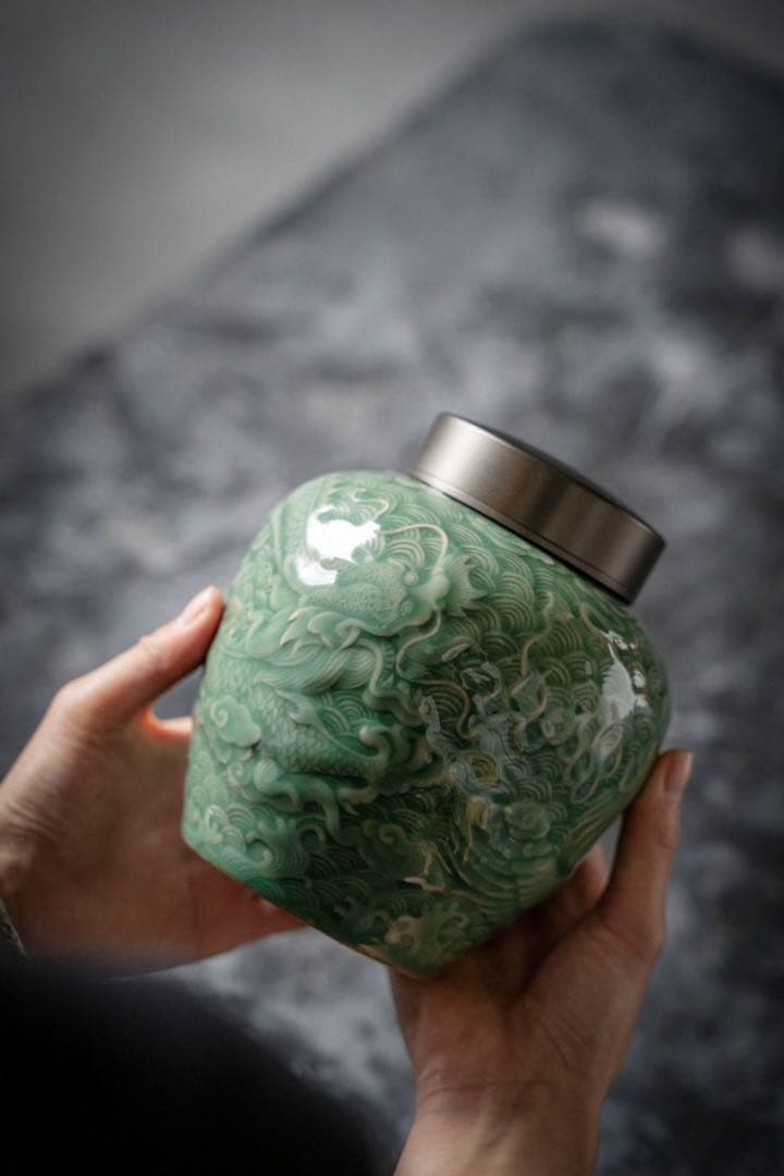 新品未使用　中国美術　茶筒　茶器　茶入れ　青磁　茶道具　龍鳳紋　置物