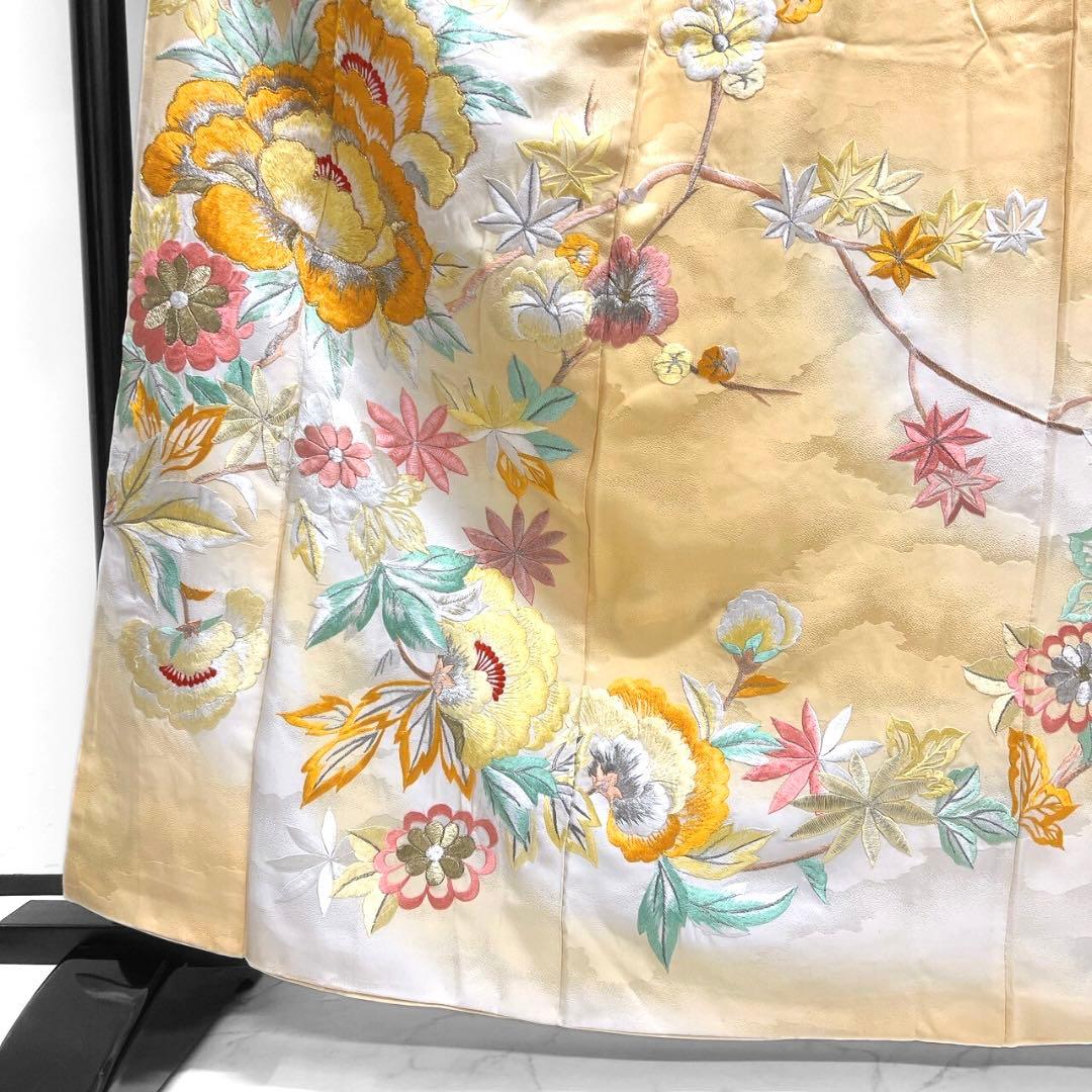 セミアンティーク 金駒刺繍 刺繍 牡丹 菊花 霞地紋 振袖 着物 094w p