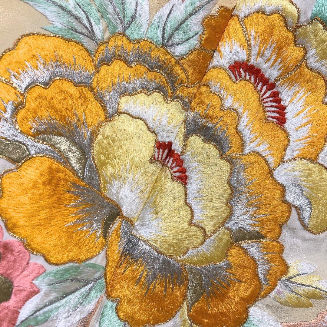 セミアンティーク 金駒刺繍 刺繍 牡丹 菊花 霞地紋 振袖 着物 094w p