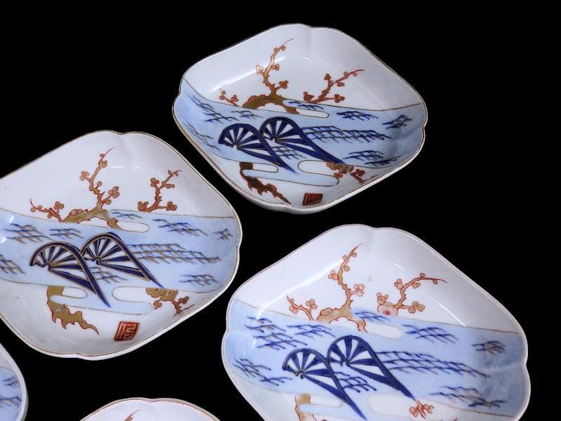 古伊万里 染錦 青海波に梅の図 菱形変形皿 5客 534AS-DBfの通販はau