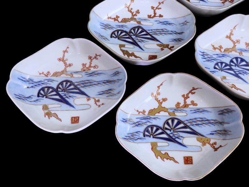 古伊万里 染錦 青海波に梅の図 菱形変形皿 5客 534AS-