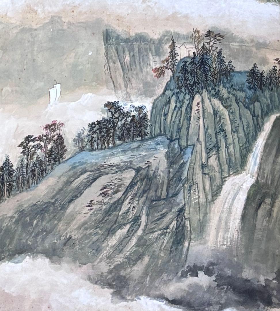 水墨画　掛け軸　巫峡清秋 謝陽画　山水　中国　張大千大風堂　カラー　箱付