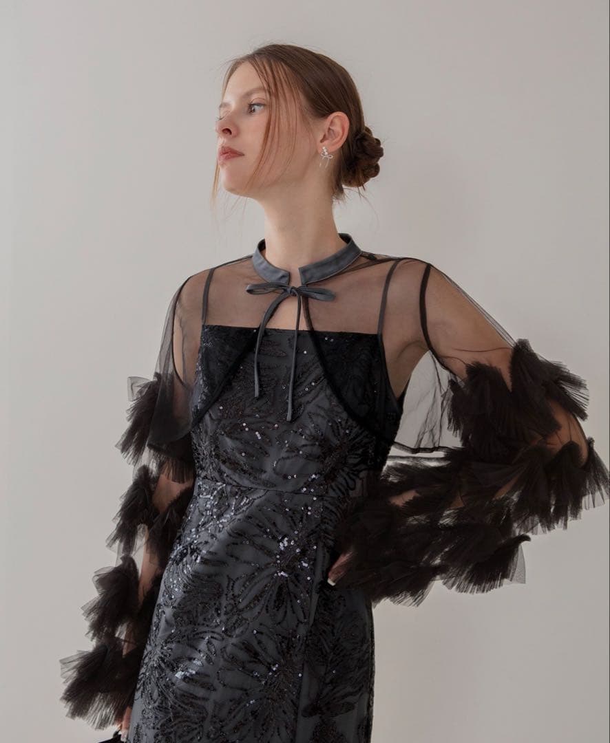 Leja フリルチュールスリーブリボンIラインワンピースドレス ブルー