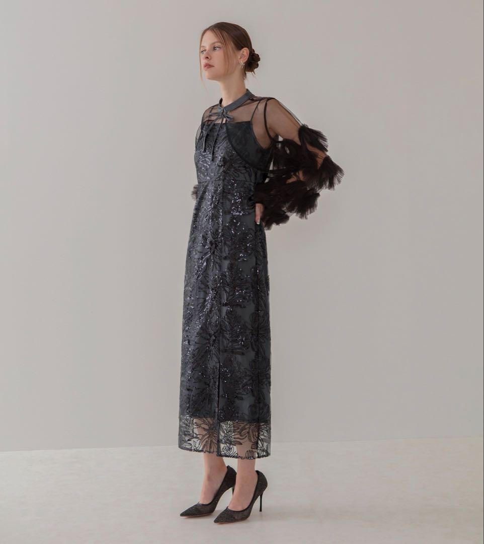 Leja フリルチュールスリーブリボンIラインワンピースドレス ブルー