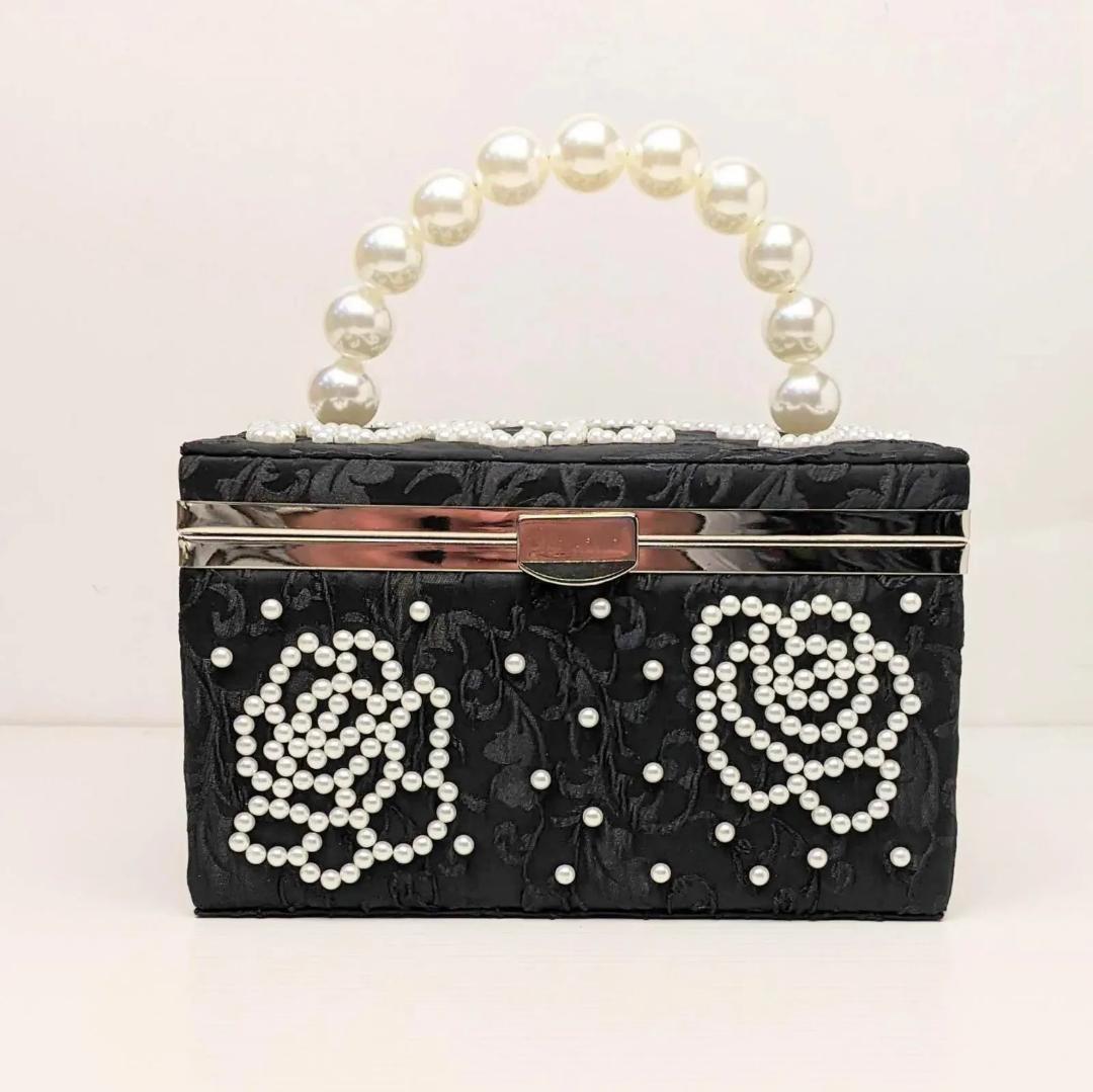 和装 振袖 パールビーズ サテン織 草履 バッグ セット 黒 ブラック kz12