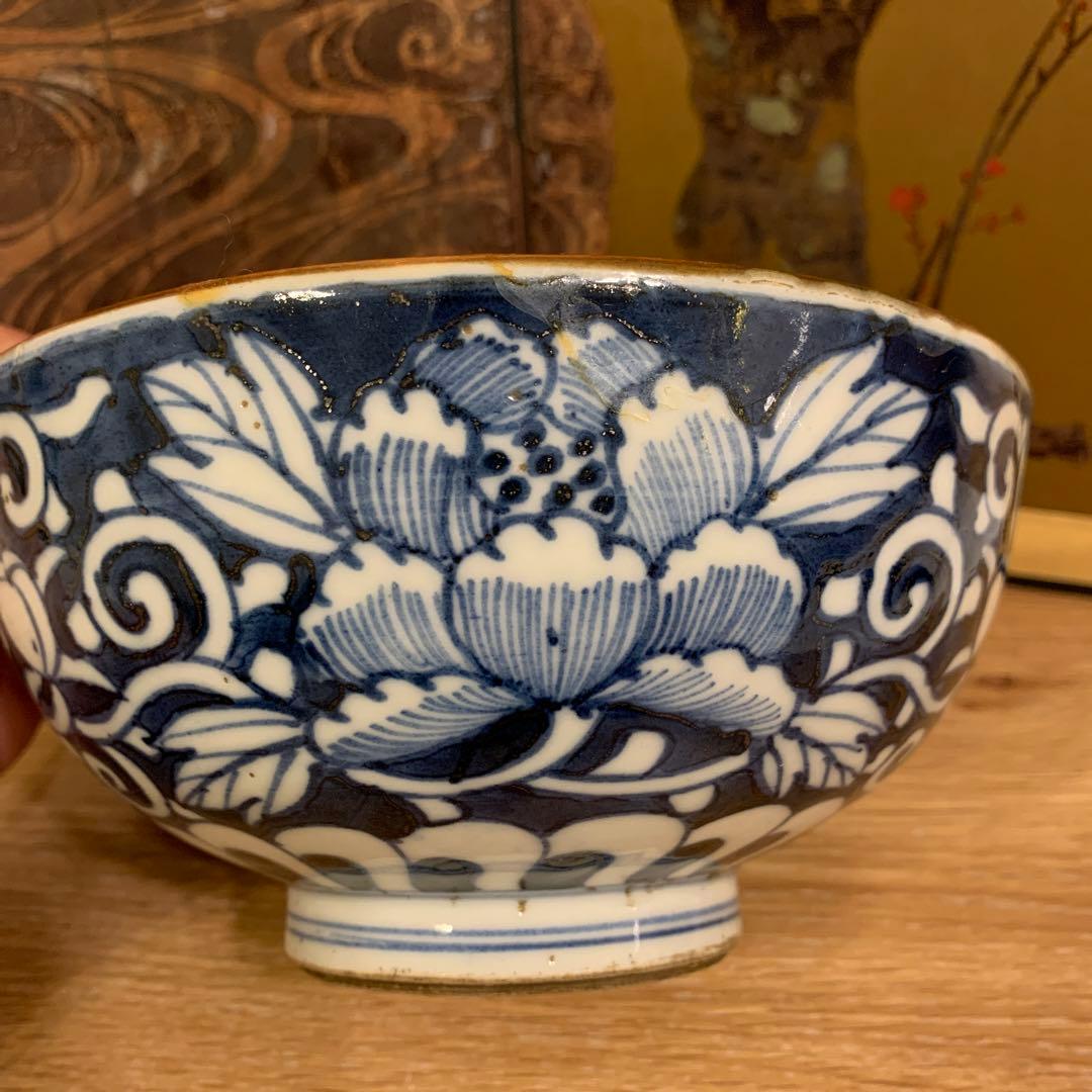 江户初期 染附 牡丹茶椀 92 本物