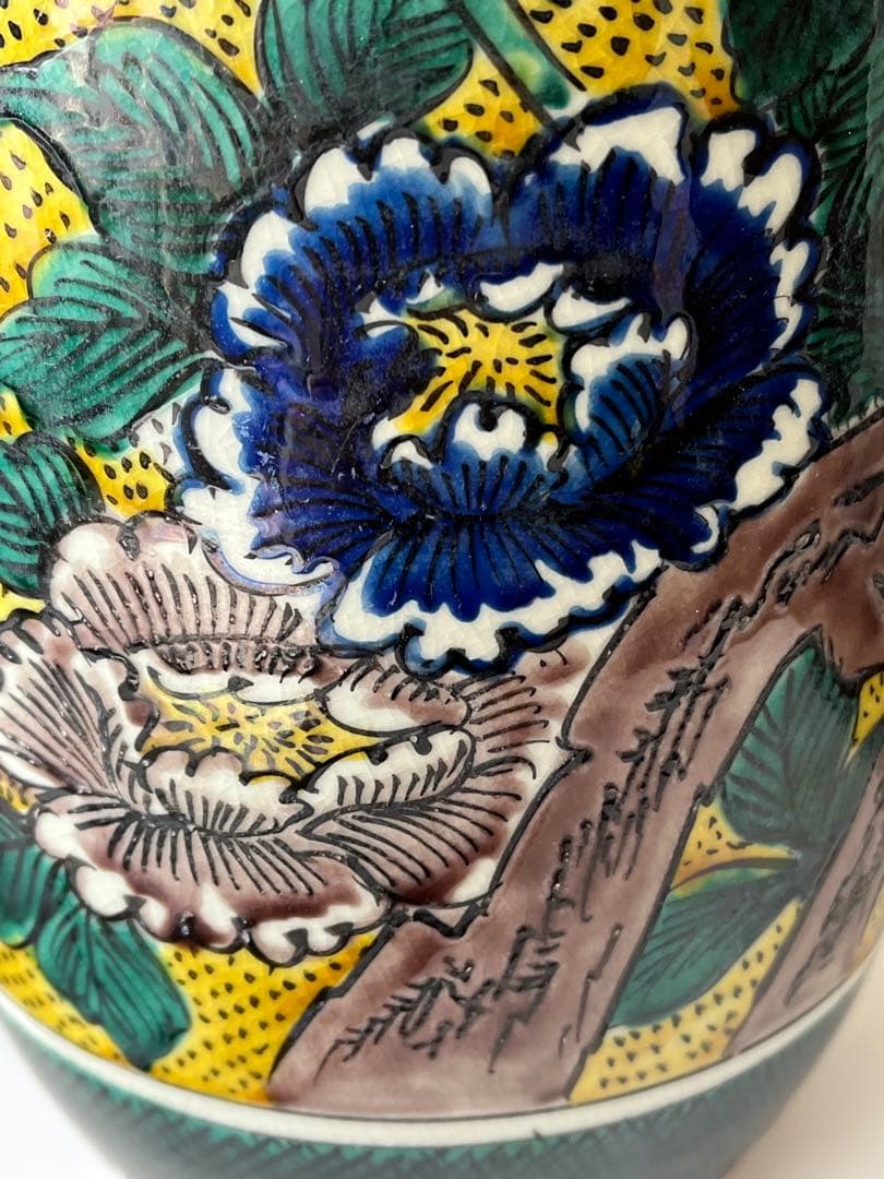 九谷焼 花瓶 手描き 骨董 角福 牡丹 花模様 美品