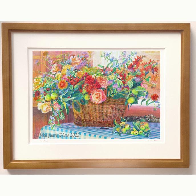 フラワー 花の絵 絵画 赤 バスケット ブラウン 茶色 水彩画の版画