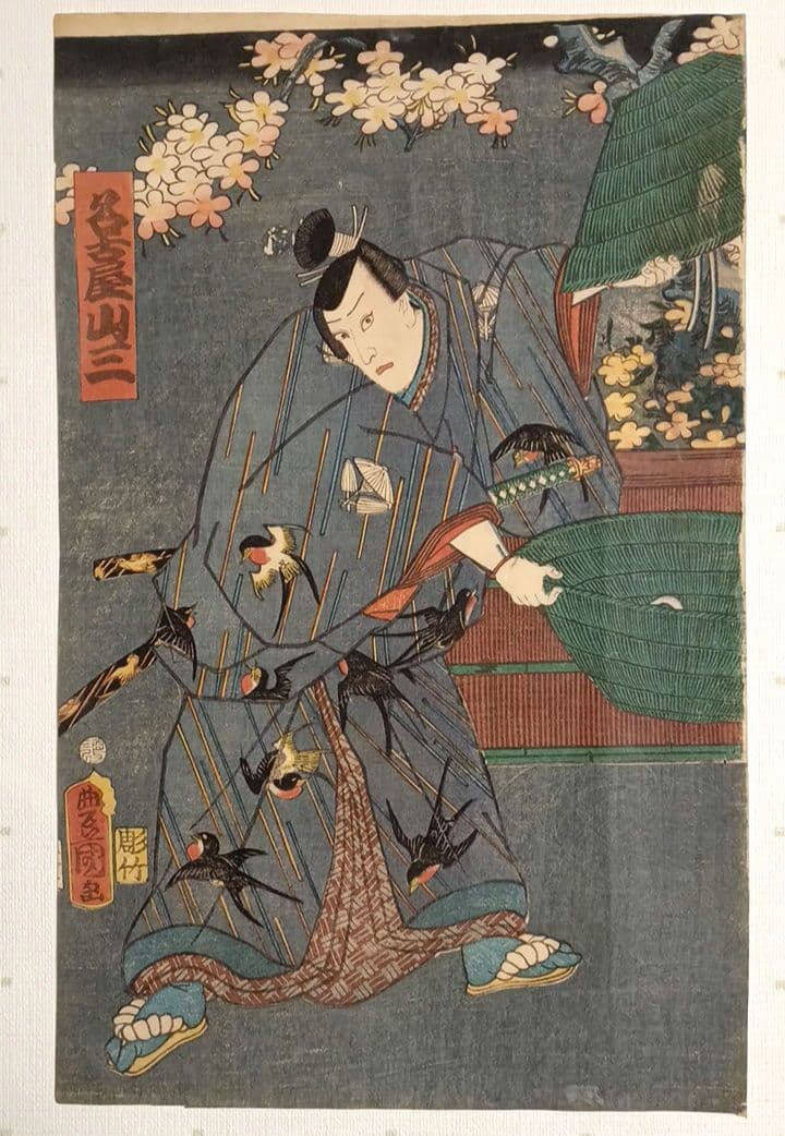 浮世絵版画、役者絵（浮世柄比翼稲津)三枚綴リの内の二枚売り三代豊国画万延2年出版