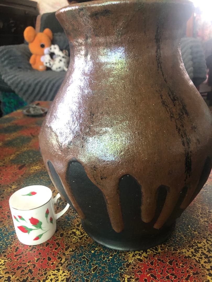 手作り 自然釉流れ　大型壺 33cm 約5kg 和テイスト 無傷