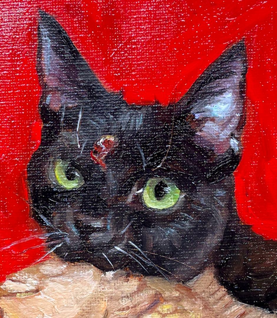 黒猫と鯛焼き 油彩画 絵画 原画 オリジナル 油絵