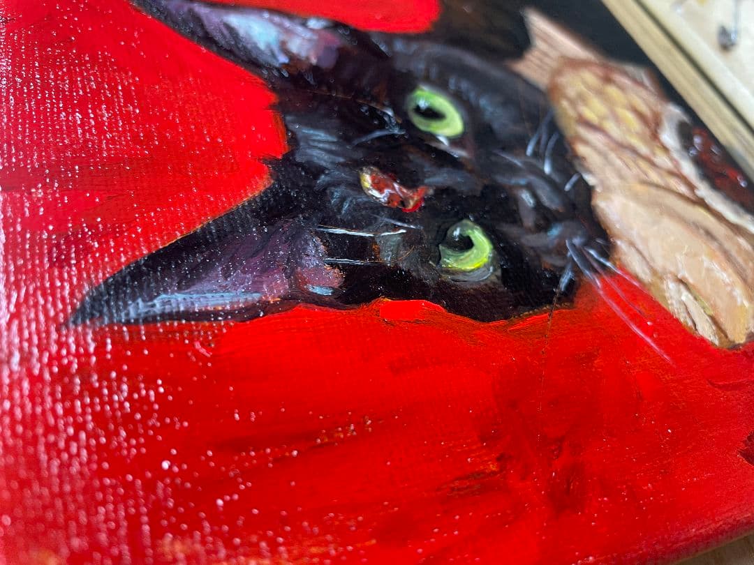 黒猫と鯛焼き 油彩画 絵画 原画 オリジナル 油絵