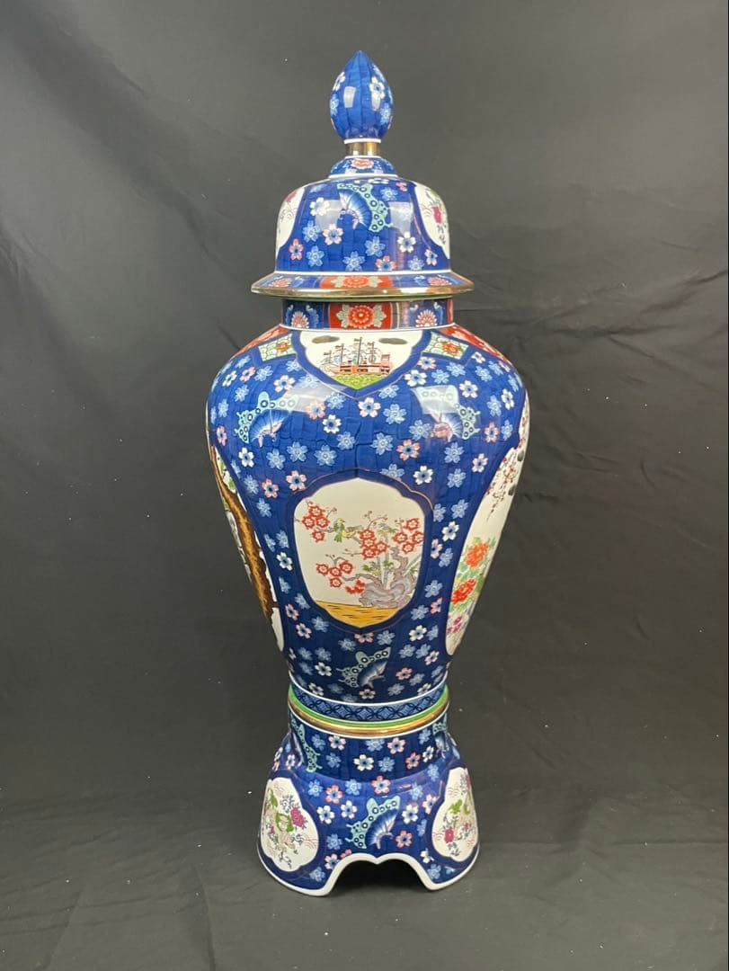 有田焼 金龍堂 博山作 特大沈香壺 落款付 花鳥図 獅子 雉 唐草