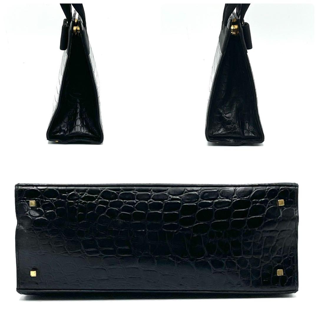 美品● フェラガモ ハンドバッグ ヴァラリボン 金具 クロコ ブラック レザー