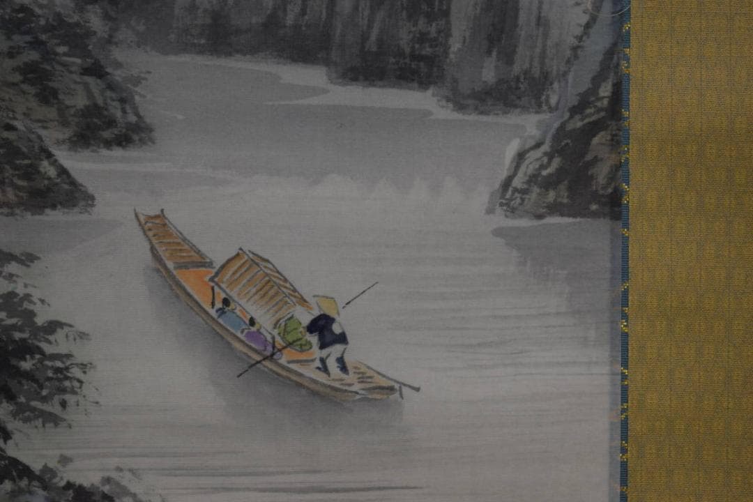 真作/南義信/淡彩山水図/屋形船図/桐共二重箱付/布袋屋