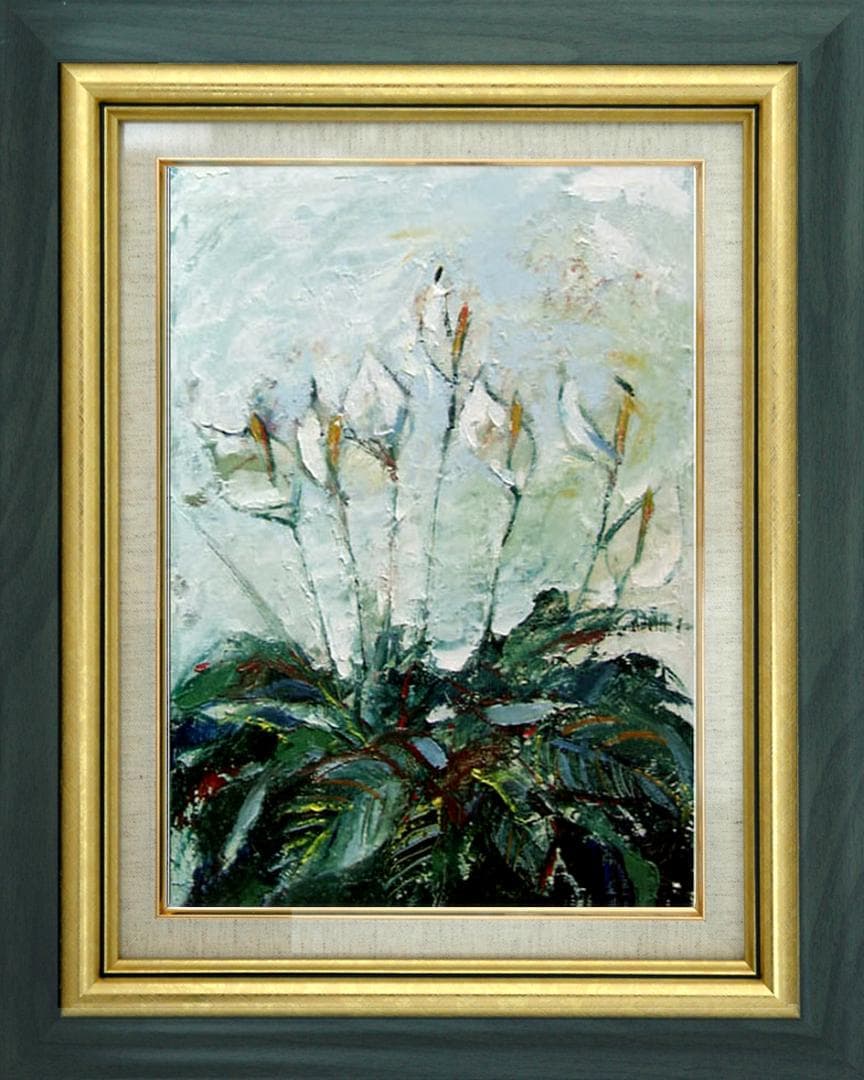 油絵 菅家令子 絵 絵画インテリア 額付(青緑＋金色の枠)uF6-111802花