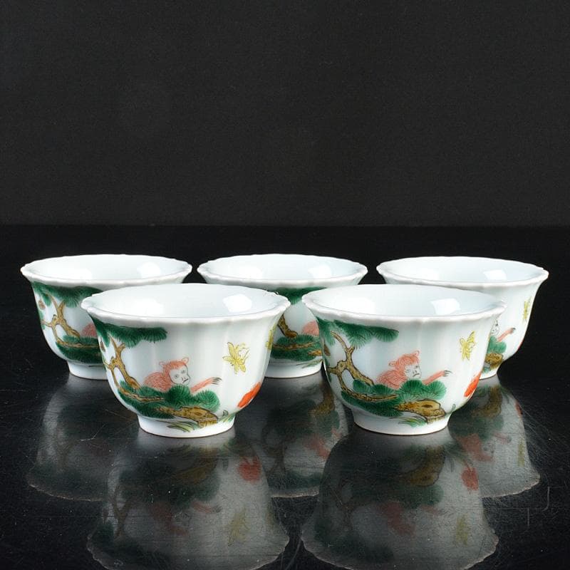 中国 色絵 蝙蝠山水文 煎茶碗 五客 桐箱 M R6397E - メルカリ