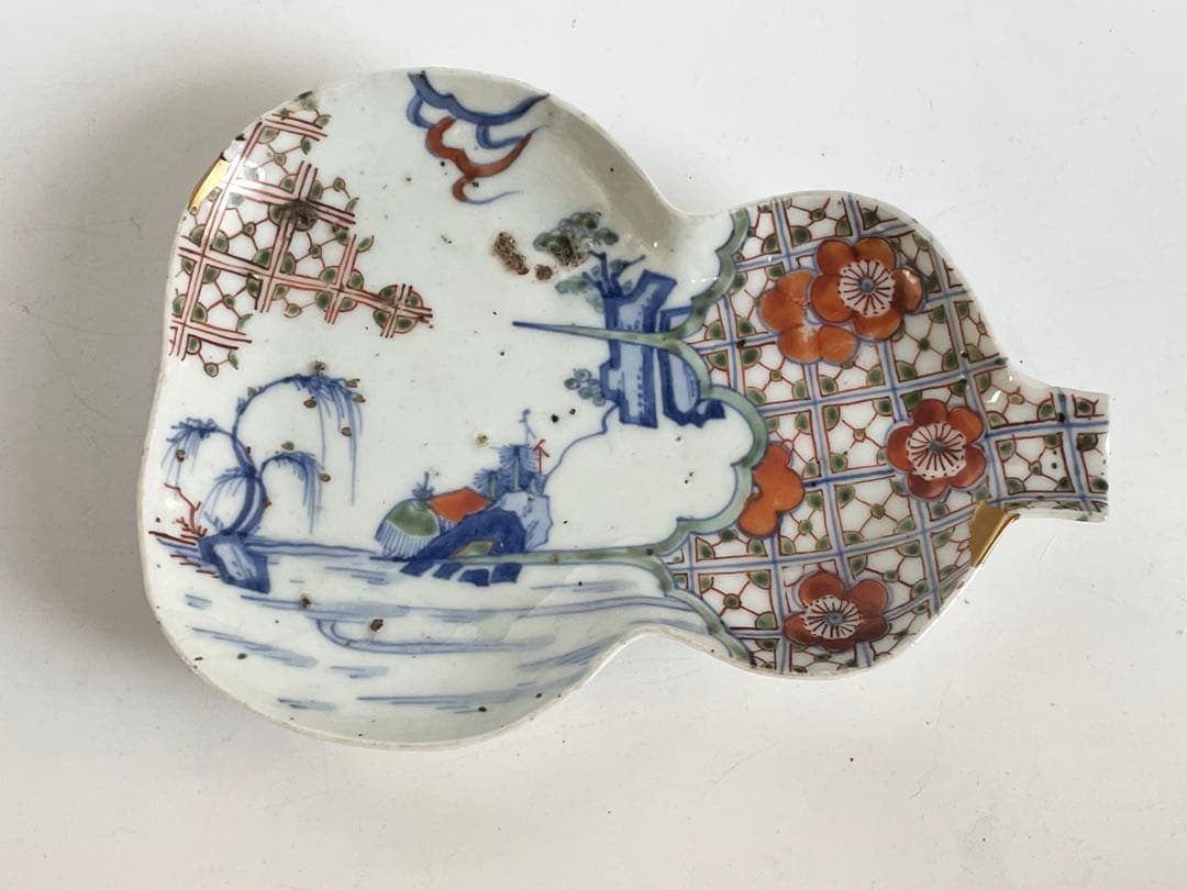 1 骨董 アンティーク 色絵古九谷 色絵山水文瓢形向付 変形皿 古