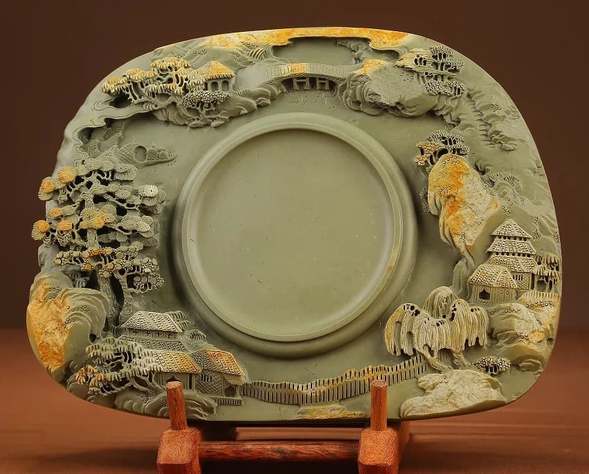 中国古美術品 風景彫硯 端溪硯3.05kg 書道具 文房具 文房四宝