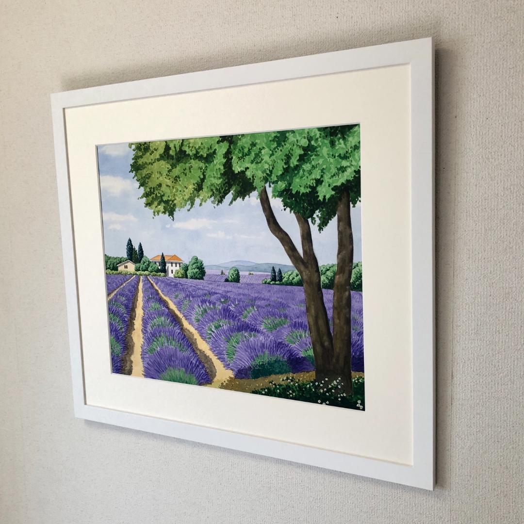 透明水彩画　原画　「ラベンダー・遥かなる大地」額縁付　F10サイズ　風景画