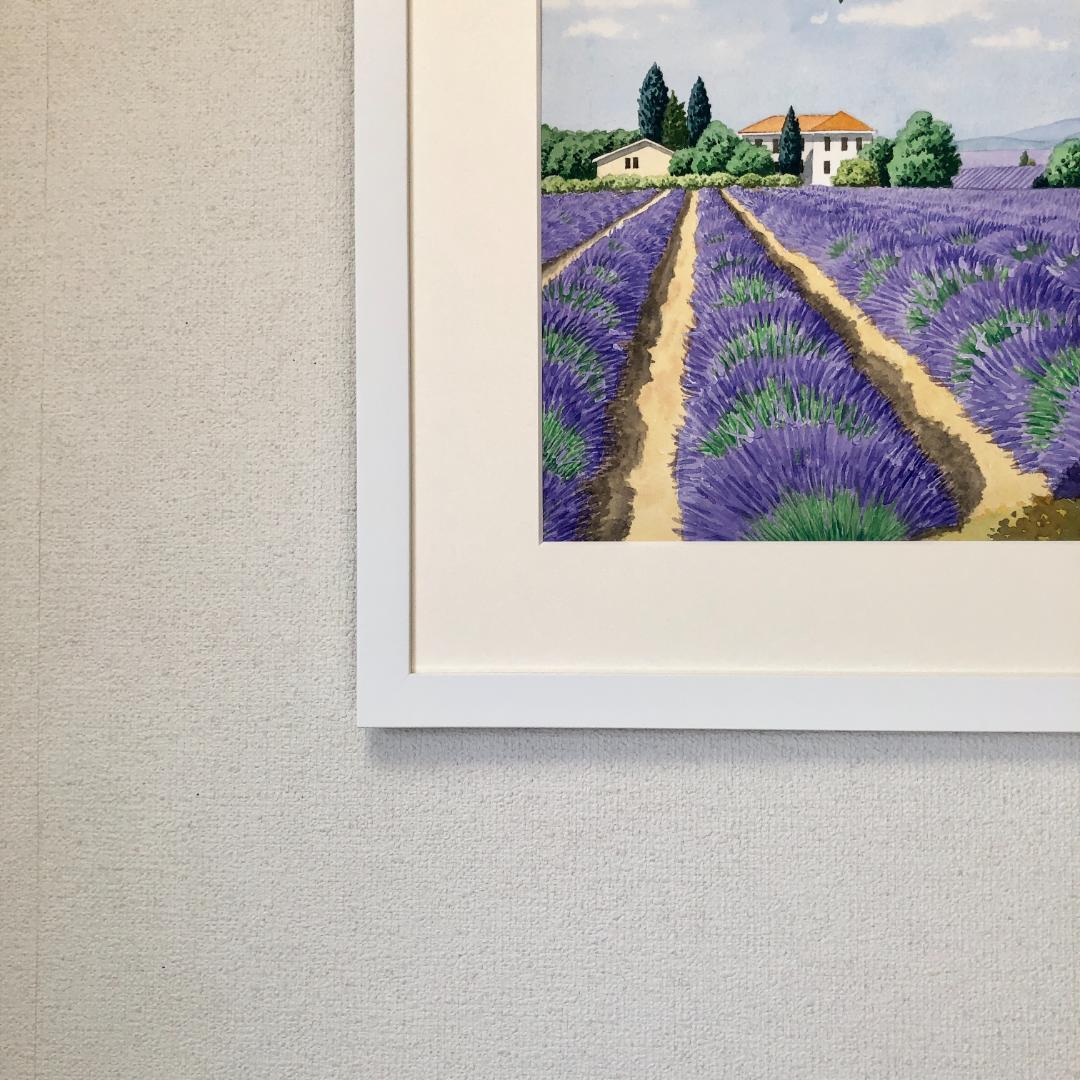 透明水彩画　原画　「ラベンダー・遥かなる大地」額縁付　F10サイズ　風景画