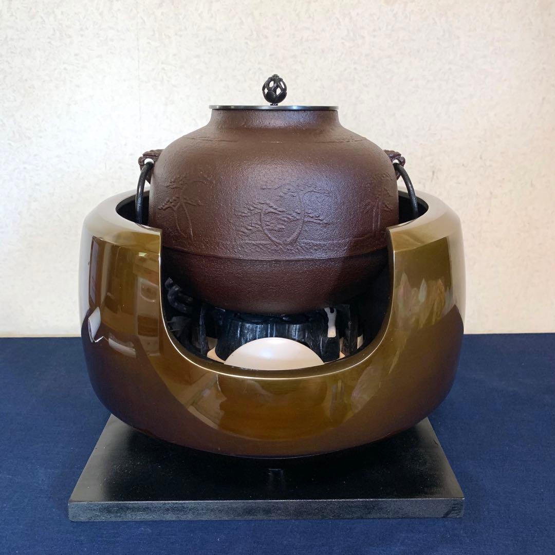 茶道具 唐銅製 野々田面取風炉 古銅色 電熱器 敷板 2点セット元箱 2025