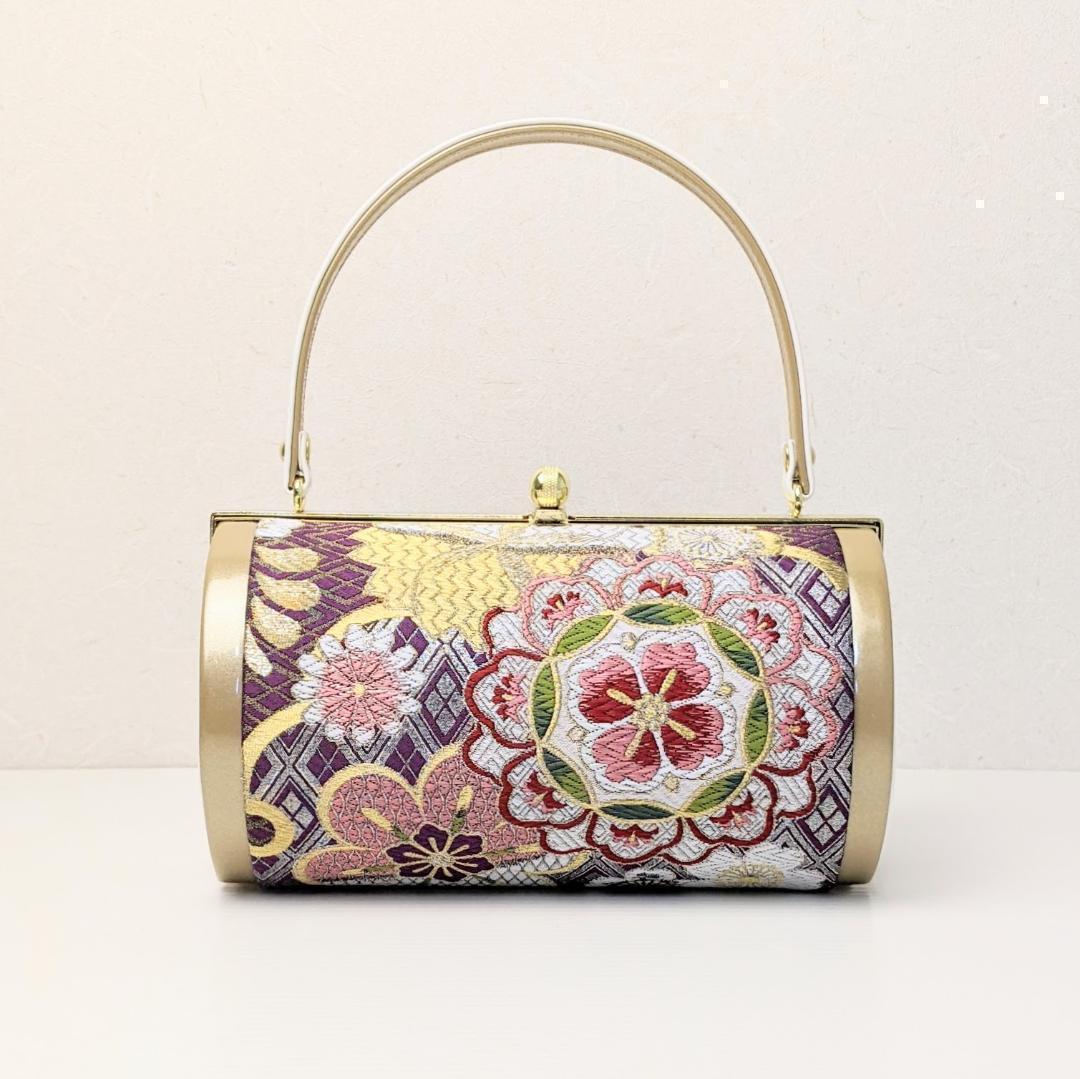 和装 草履バッグセット 振袖用 帯地 金×白×紫 Lサイズ 三枚芯 w43-4