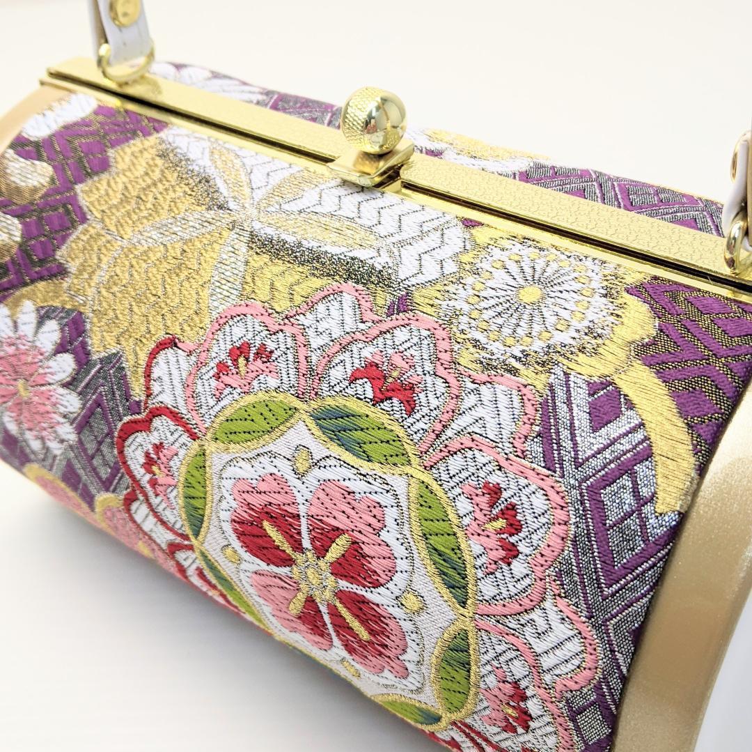 和装 草履バッグセット 振袖用 帯地 金×白×紫 Lサイズ 三枚芯 w43-4