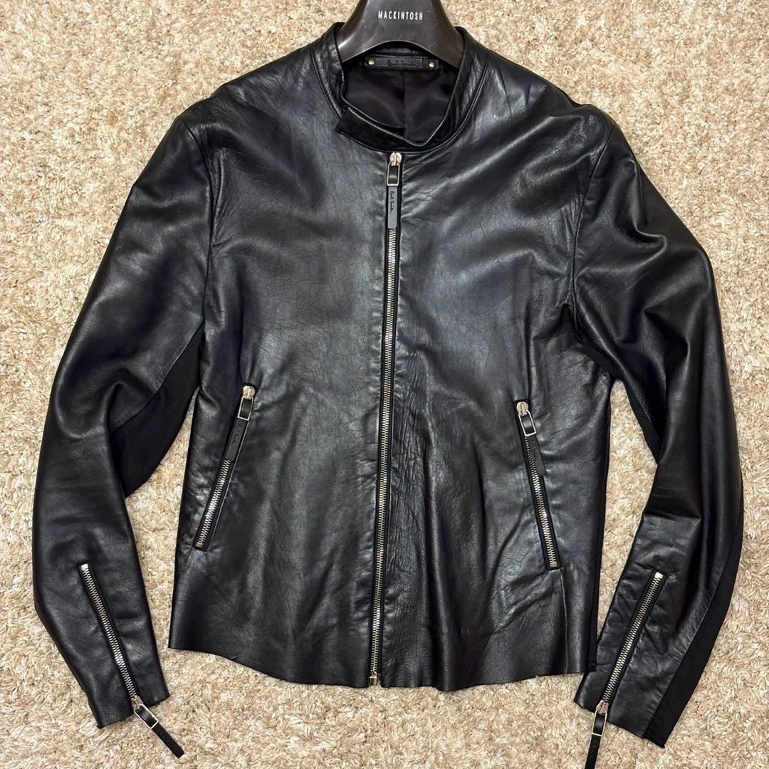 極美品 ポールスミス レザージャケット シングルライダース 羊革 黒 M 赤
