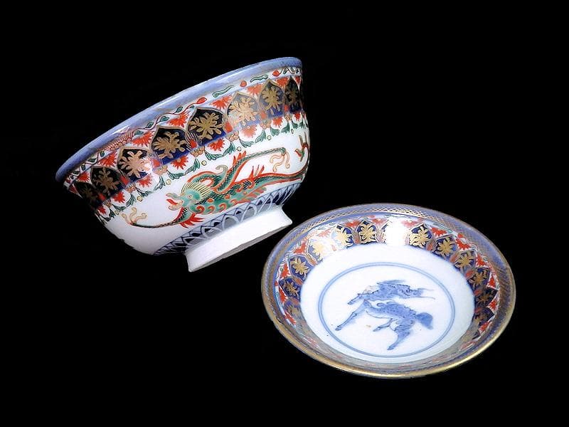 古伊万里 金襴手 瓔珞紋に龍の図 大振蓋茶碗 文政6