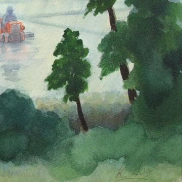 絵画「水明のころ～ 雨の日の代掻き作業」　水彩画