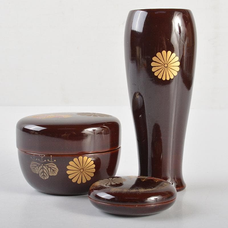 茶道具　利休茶箱　色絵花文茶碗　菊桐蒔絵棗など　七点　一式　V　R7103