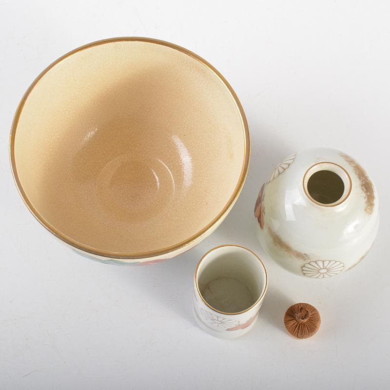 茶道具　利休茶箱　色絵花文茶碗　菊桐蒔絵棗など　七点　一式　V　R7103