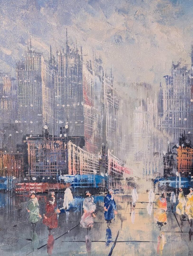 真作】絵画 油彩6号 街のにぎわい 都市風景 印象派風 都会の情景 W137