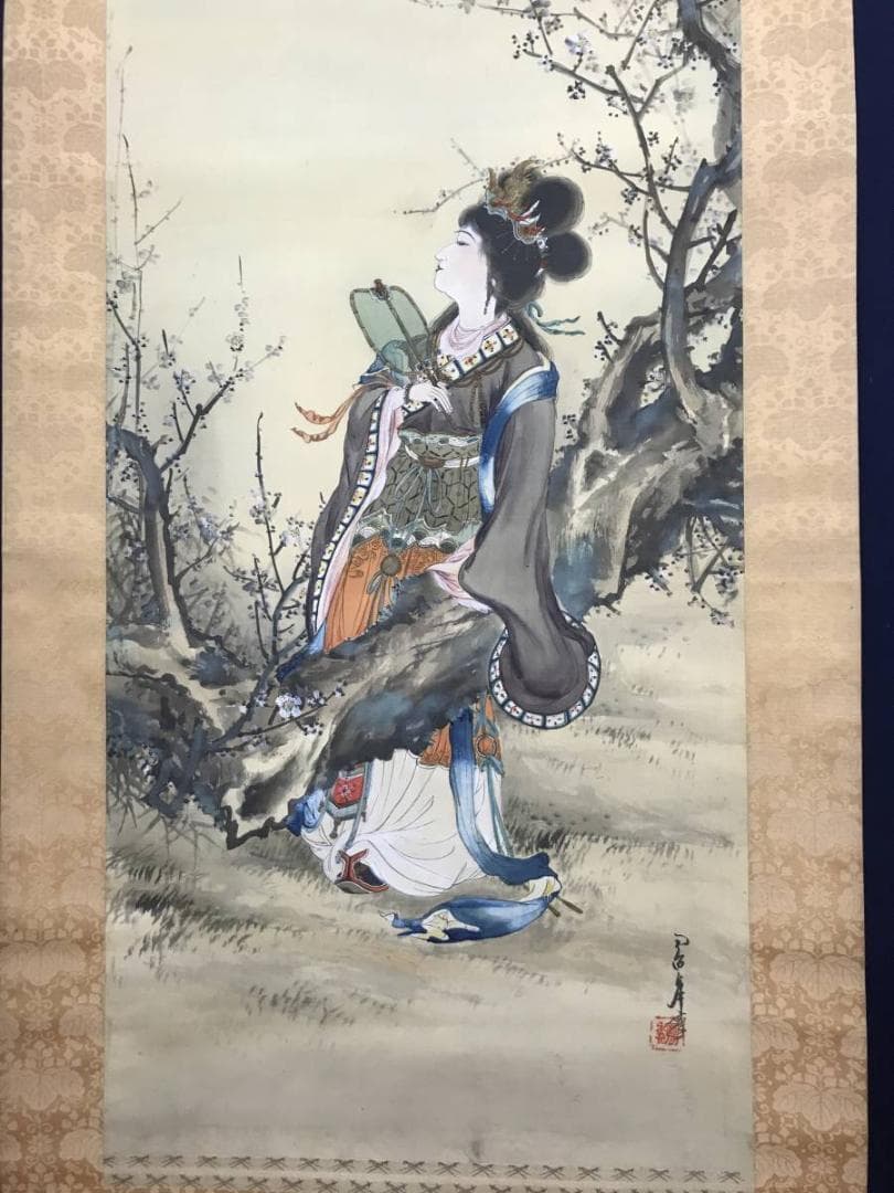 作者不詳/月梅に唐美人図/美人図/美人画/掛軸/名家伝来/AC-46