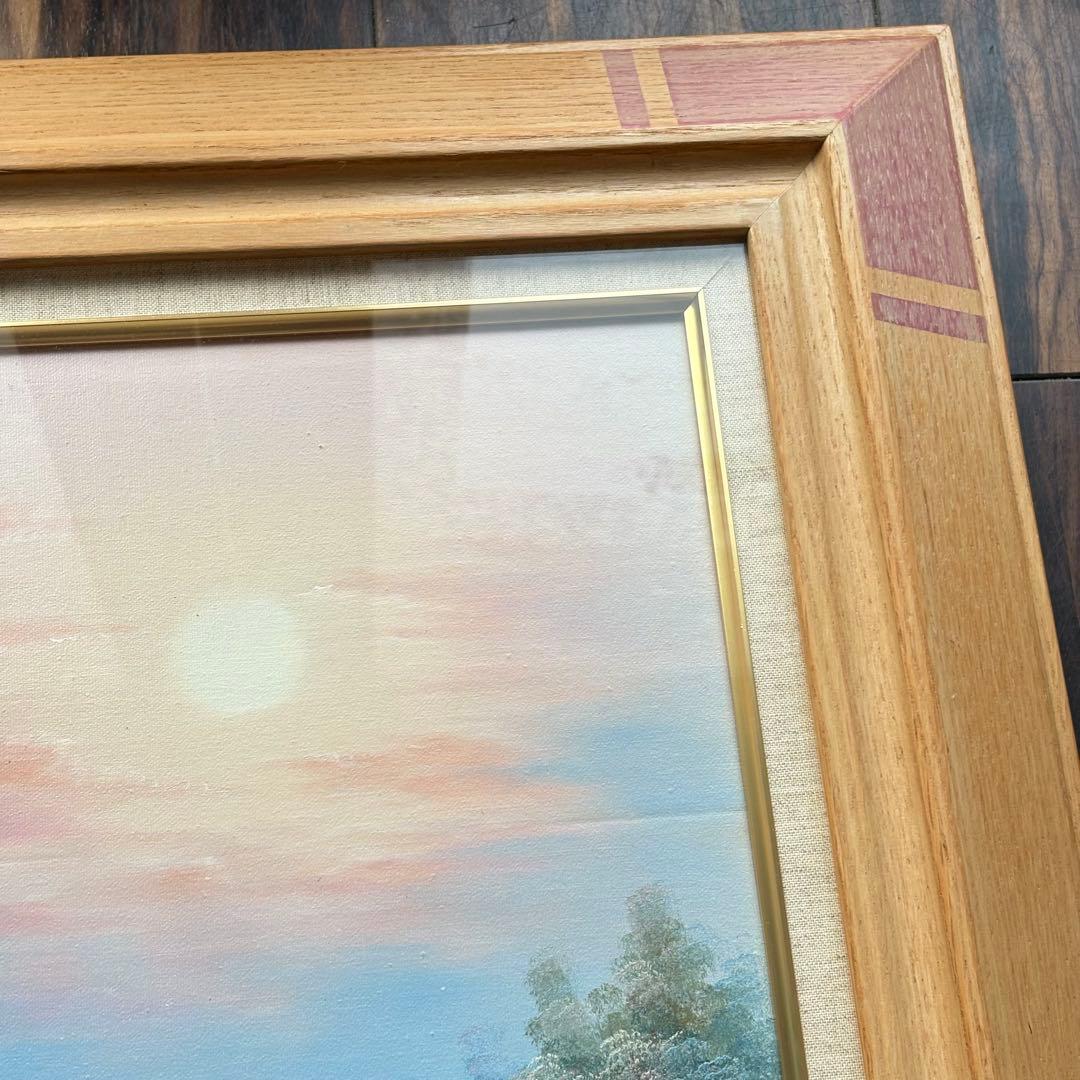 絵画　作者不詳　夕陽に映えるお花畑　油彩画