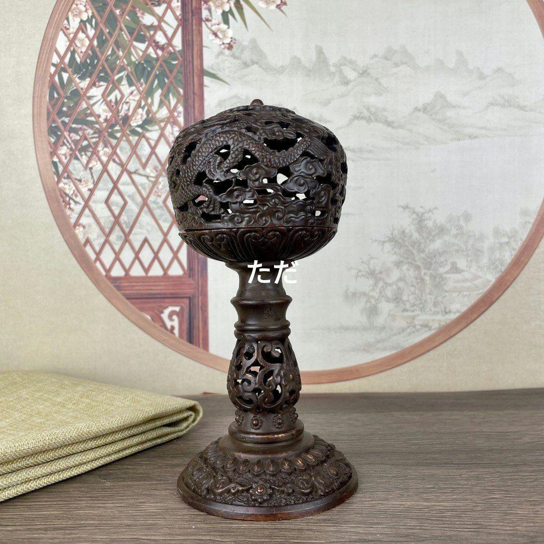 銅 細工 透かし彫り二龍戯珠祥雲盤竜薫る香炉 香道具 装飾品 工芸品 置物