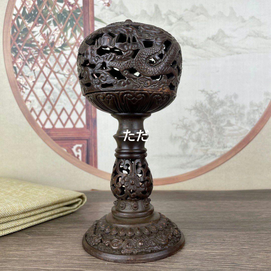 銅 細工 透かし彫り二龍戯珠祥雲盤竜薫る香炉 香道具 装飾