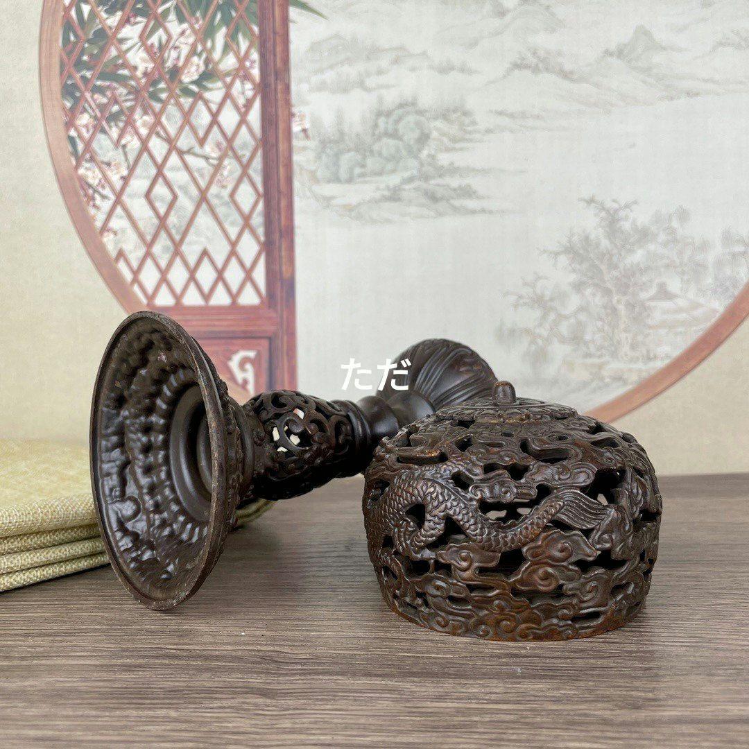 銅 細工 透かし彫り二龍戯珠祥雲盤竜薫る香炉 香道具 装飾