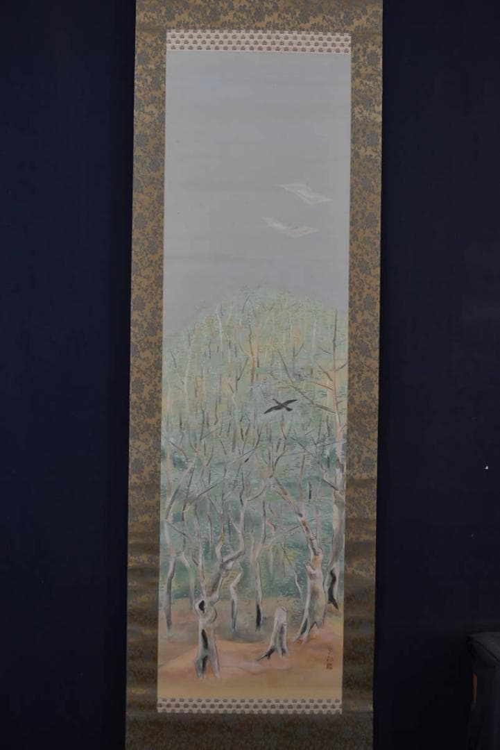 【真作】野村松韵/新樹/新緑小禽図/掛軸/名家伝来/Z-897