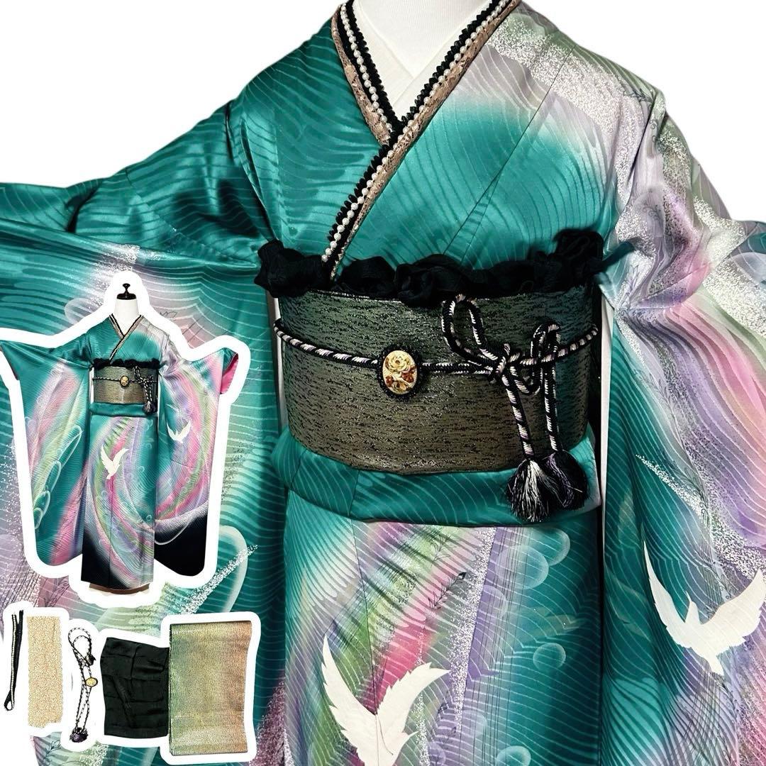 正絹 振袖 フルセット 6点 モダン 成人式 個性的 トール 裄丈長め