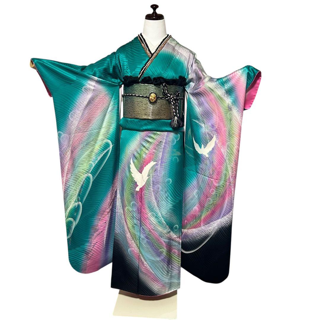 正絹 振袖 フルセット 6点 モダン 成人式 個性的 トール 裄丈長め