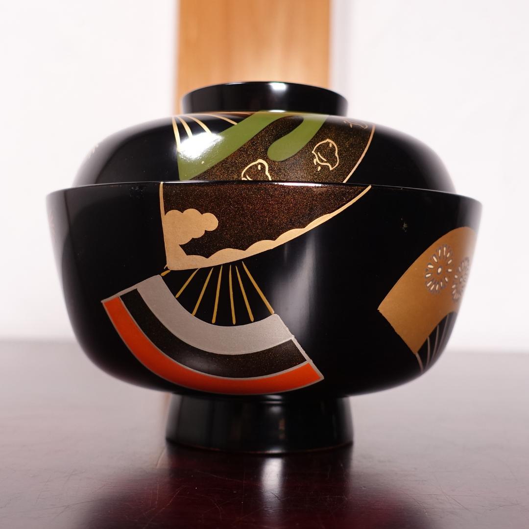 時代木製漆器 花蝶 金蒔絵 黒塗椀 五客 野菊 MA33 / (検)輪島能登